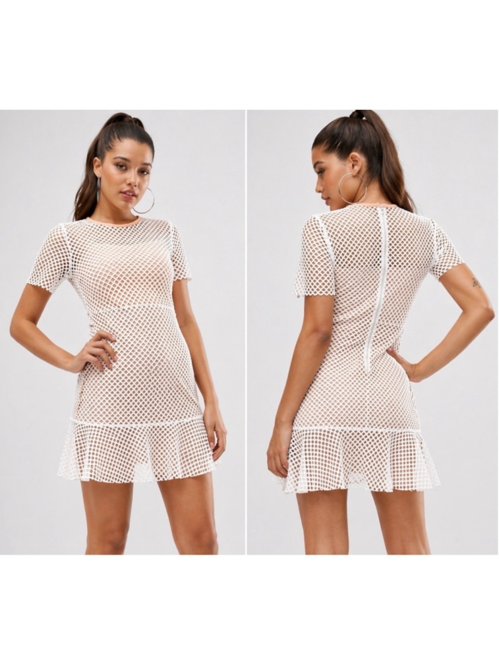 ASOS womens Sz 8 White Mesh Dress Peach Slip Fairy Overlay Trumpet Hem Net